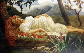 Portrait of a classical beauty on a bed of roses before a pond Artwork by Herbert Blande Sparks
