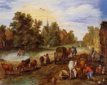 Busy Village Street With Resting Travellers Artwork by Jan Bruegel the Elder