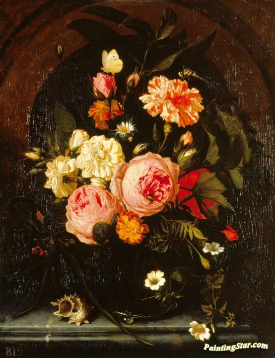 Still Life with Flowers, Insects and a Shell Artwork by Maria van Oosterwijck