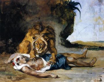 Lion Mauling A Dead Arab Artwork by Eugène Delacroix