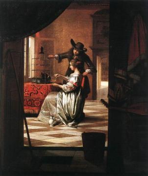 Couple with Parrot Artwork by Pieter de Hooch