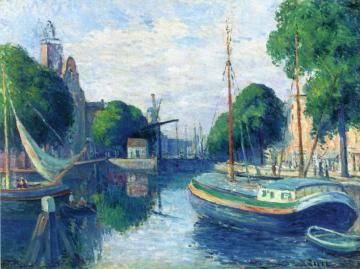 Barges on a Canal at Rotterdam Artwork by Maximilien Luce