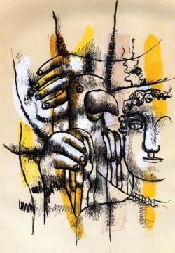 Girl's Head with Parrot Artwork by Fernand Léger