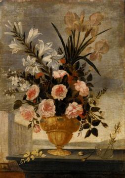 Still Life of Iris, Lilies, Roses and Carnations in Elaborate Urn Artwork by Pedro de Camprobin