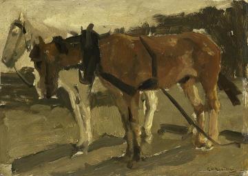 A Brown and a White Horse in Scheveningen Artwork by George Heidrik Breitner