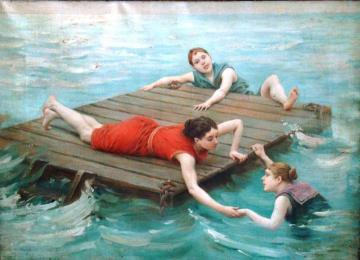 Girls Swimming From A Raft Artwork by Jules Scalbert