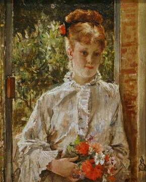 Young Woman in White Holding a Bouquet Artwork by Alfred Stevens