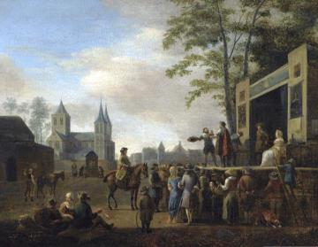 A stage play in a village street, with numerous villagers watching, a church, etc. Artwork by Gerrit Adriaenszoon Berckheyde