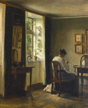 Seamstress Sewing In An Interior Artwork by Carl Vilhelm Holsoe