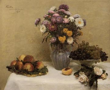 White Roses, Chrysanthemums in a Vase, Peaches and Grapes on a Table with a White Tablecloth Artwork by Henri Fantin-Latour