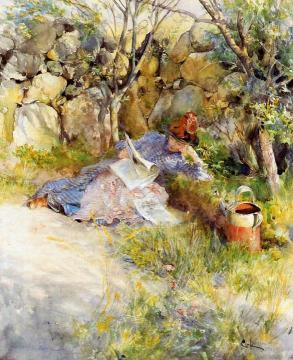 A Lady Reading a Newspaper Artwork by Carl Larsson