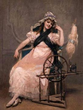 A Young Beauty at a Spinning Wheel Artwork by Madeleine Jeanne Lemaire