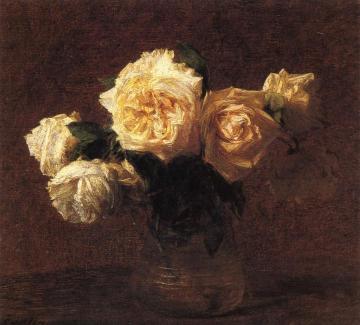 Yellow Pink Roses in a Glass Vase Artwork by Henri Fantin-Latour