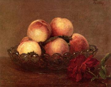 Nature Morte: Peches Dans Une Coupe De Verre, Une Rose Fonces Avec Des Feuilles A Droite Artwork by Henri Fantin-Latour