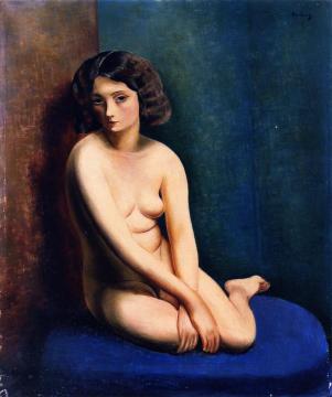 Kneeling Nude on a Blue Background Artwork by Moise Kisling