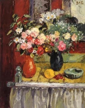 Vase Of Roses And Fruit Artwork by Georges D'espagnat
