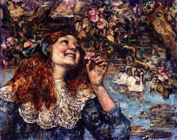 A Young Girl with Swans Artwork by Edward Atkinson Hornel