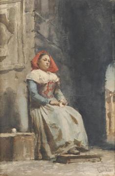 Young Italian Woman Knitting in a Courtyard Artwork by Cesare Biseo