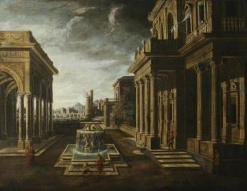 An Architectural Fantasy, With A Fountain And Figures Artwork by Viviano Codazzi