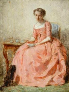 Girl in a Pink Dress Sitting at a Table with a Dog Artwork by Charles Chaplin