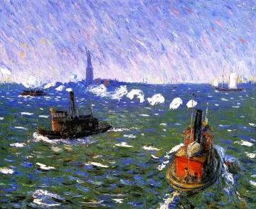 Breezy Day, Tugboats, New York Harbor Artwork by William James Glackens