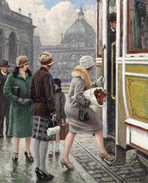 At the tram stop Artwork by Paul Gustave Fischer