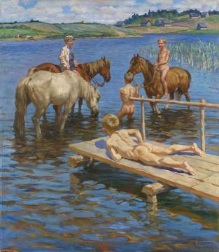 Bathing Horses Artwork by Nikolai Petrovich Bogdanov-belsky