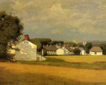 Village With A Church Spire In The Distance Artwork by William Wendt