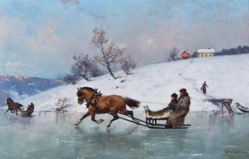 Sledding on the ice Artwork by Axel Hjalmar Ender