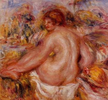 After Bathing, Seated Female Nude Artwork by Pierre Auguste Renoir