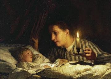 Junge Mutter, bei Kerzenlicht ihr schlafendes Kind betrachtend Artwork by Albert Anker