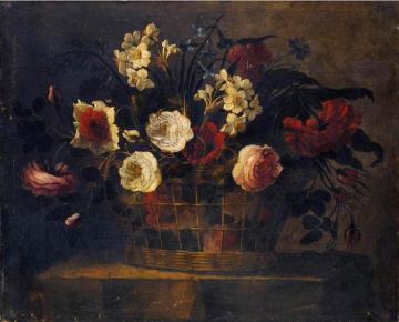 Still Life of Flowers in a Wicker Basket Artwork by Juan de Arellano
