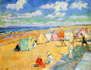 Beach With Tents And People In Soulac Sur Mer Artwork by Nicolas Tarkhoff
