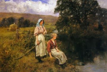 Farm Girls by a Stream Artwork by Henry John Yeend King