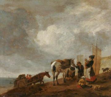 Figures on a Shore, a Mother with a Child, a Grey Horse, a Cart Beyond Artwork by Philips Wouwermans