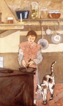 Young Woman in the Kitchen with a Cat Artwork by József Rippl-Rónai