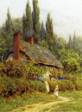 Children on a Path outside a Thatched Cotate, West Horsley, Surrey Artwork by Helen Allingham