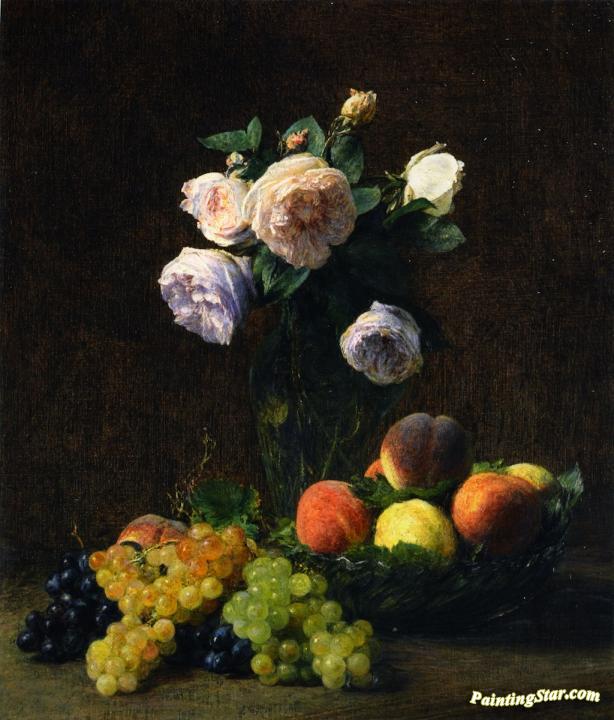 Still LIfe: Vase of Roses, Peaches and Grapes Artwork by Henri Fantin-Latour