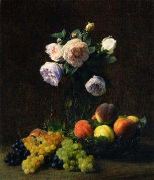 Still LIfe: Vase of Roses, Peaches and Grapes Artwork by Henri Fantin-Latour