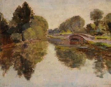 River Scene with a Bridge Artwork by Arnold Mason