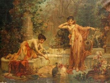 Oriental Beauties Playing With The Pet Bird Artwork by Hans Zatzka