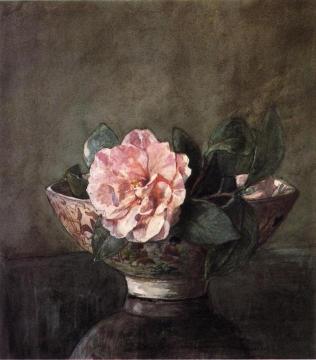Camellia In Old Chinese Vase On Black Lacquer Table Artwork by John La Farge