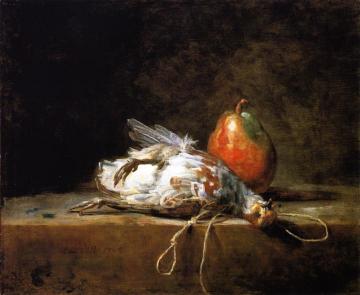 Grey Partridge, Pear and Snare on a Stone Table Artwork by Jean-Baptiste-Simeon Chardin