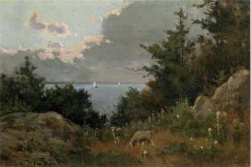 Grazing sheep on the coast of Maine Artwork by Willard Leroy Metcalf