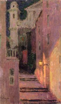 Street to the Church in the Moonlight, Villafranche-sur-Mer Artwork by Henri Le Sidaner