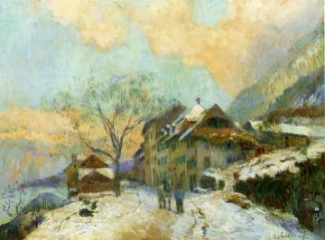 The Banks of Lake Geneva at Saint-Gingolph, in winter, with Snowy Weather Artwork by Albert Lebourg