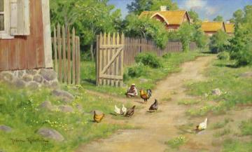 Child with Chickens Artwork by Johan Krouthén