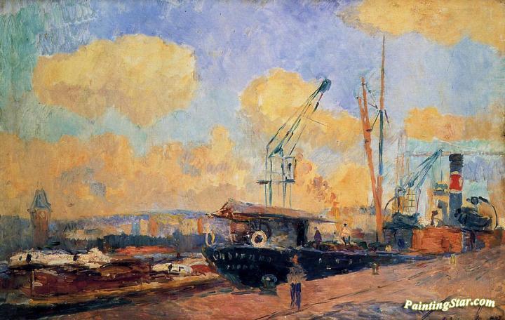 Steamers and Barges in the Port of Rouen, Sunset Artwork by Albert Lebourg