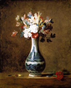 Bouquet of Carnations, Tuberoses and Sweet Peas in a White Porcelain Vase with Blue Decoration Artwork by Jean-Baptiste-Simeon Chardin