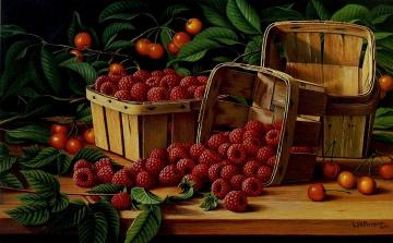 Cherries And Raspberries In A Basket Artwork by Levi Wells Prentice